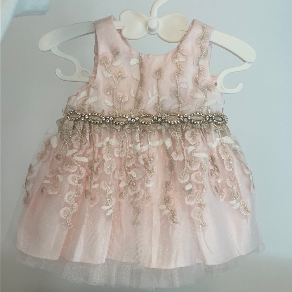 Baby Girls Pink Embroidered Formal Dress- Beaded Rhinestone Party Princess Dress